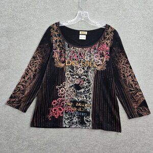 VINTAGe Jamee J Women Top XL Brown Grunge Fairy‎ Rhinestones Long Sleeve Y2K